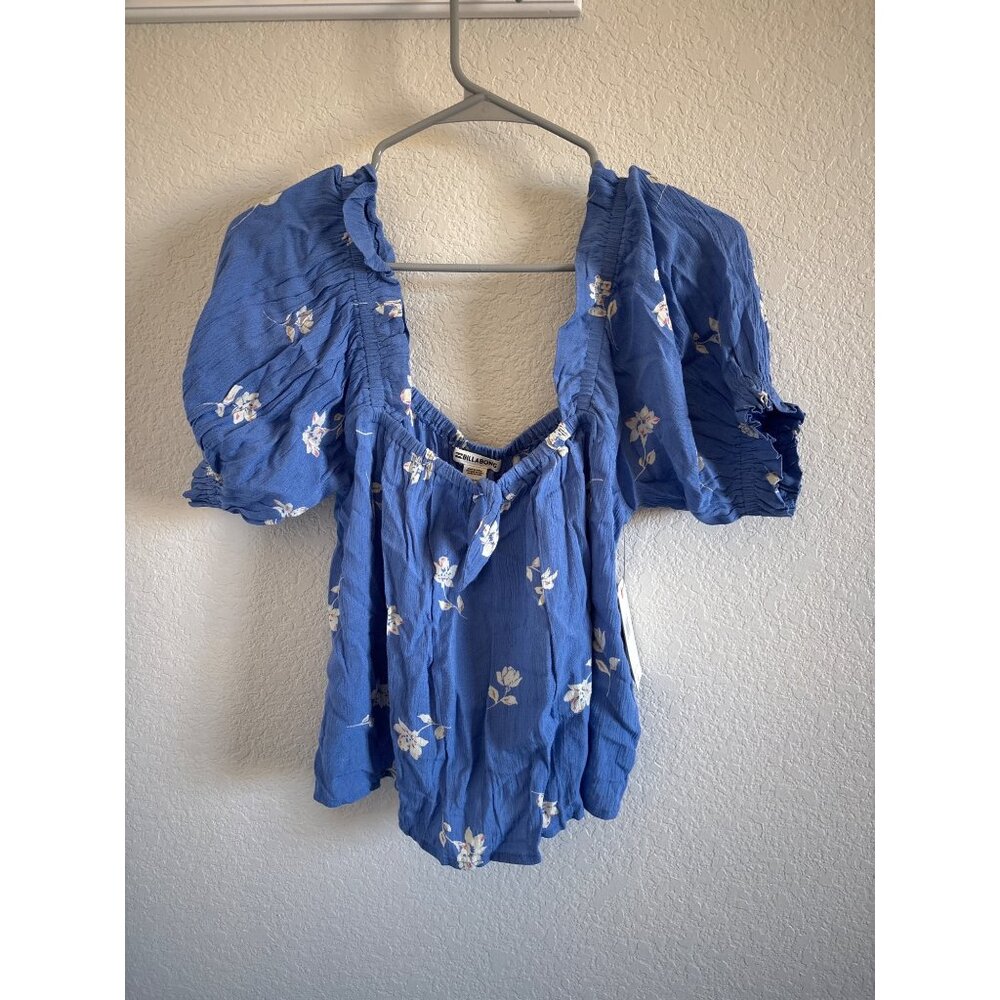 Billabong Womens Blue Floral Smocked Short-Sleeve Top Medium Summer Vacation